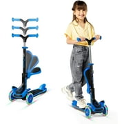 Kids Scooter – Foldable Seat – LED Wheel Lights Illuminate When Rolling – Children and Toddler 3 Wheel Kick Scooter – Adjustable Handlebar – Indoor and Outdoor- Blue - by Lifemaster